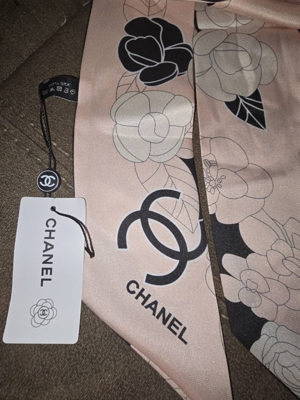 CHANEL Pink & Black Floral Silk Twilly Scarf - Picture 5 of 6